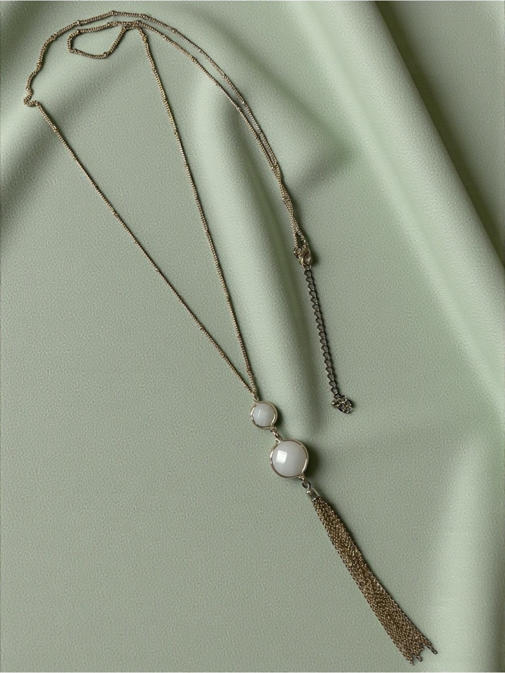 Gold Tassel Y-Necklace with White Stone Accents